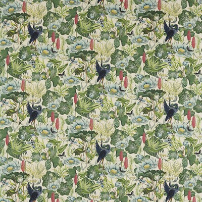 Clarke and Clarke Waterlily F1605/02 CAC Linen in CLARKE & CLARKE BOTANICAL WONDERS FABRIC Green Multipurpose -  Blend Fire Rated Fabric Birds and Feather  Floral Linen  Oriental   Fabric