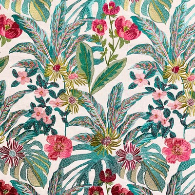 Magnolia Fabrics Olga Island Blue Multipurpose Fire Rated Fabric Crewel and Embroidered  High Performance CA 117  Tropical  Vine and Flower  Floral Embroidery  Fabric MagFabrics  MagFabrics Olga Island