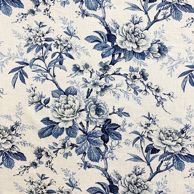 Magnolia Fabrics Lamore Bluechina 10686 Blue LIN  Blend Fire Rated Fabric Medium Duty CA 117  Traditional Floral  Large Print Floral  Floral Linen  Floral Toile  Fabric