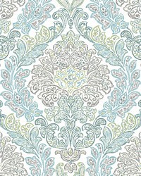 Fontaine Teal Damask Wallpaper by   