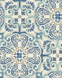Florentine Blue Faux Tile Wallpaper by   