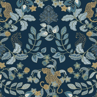 Getty Navy Jungle Damask  4034-72133 Scott Living III 4034-72133 Blue Non Woven Animals Leaves Trees and Vines Wallpaper Flower Wallpaper 
