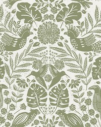 Nestle Green Bird Block Print Wallpaper 4122-27005 by  American Silk Mills 