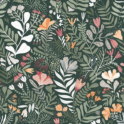 Brittsommar Evergreen Woodland Floral Wallpaper 4143-22009 Botanica 4143-22009 Green Non Woven Flower Wallpaper 