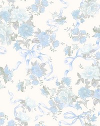 Cabbage Rose Bow Dusty River Blue Ribbons  Roses Wallpaper AST4654 by  Brewster Wallcovering 