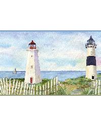 Eugene Light Blue Coastal Lighthouse Portrait Border by  York Wallcovering 