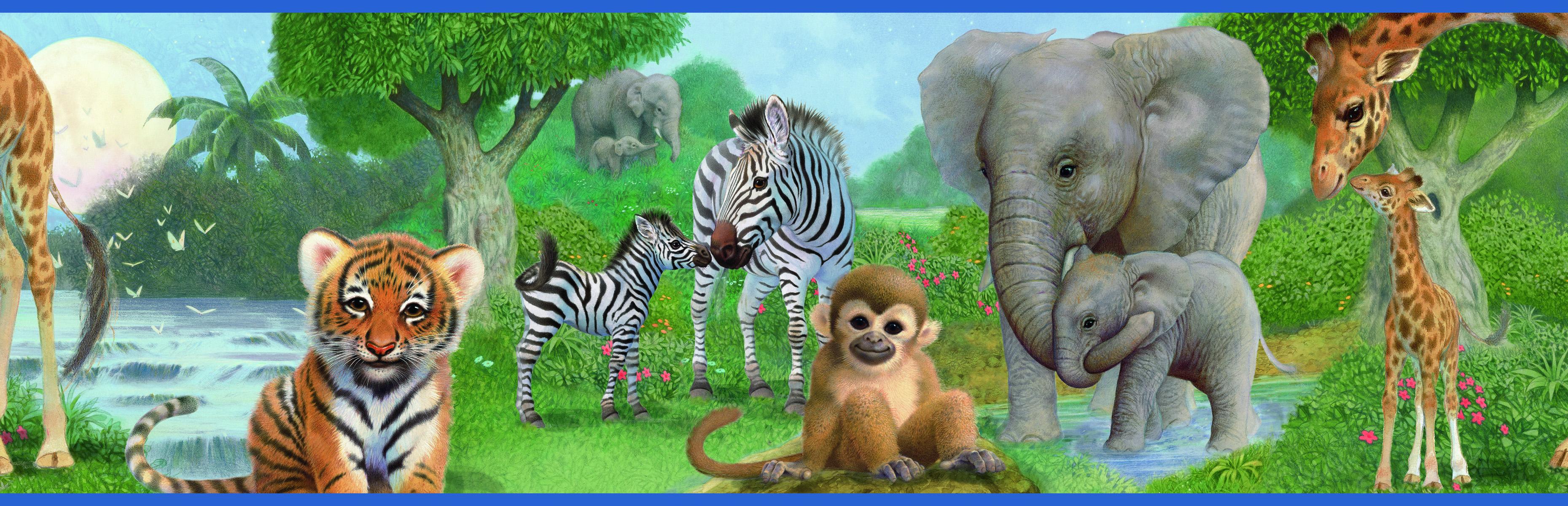 Brewster Wallcovering Afrique Blue Jungle Bedtime Portrait Border Wallpaper